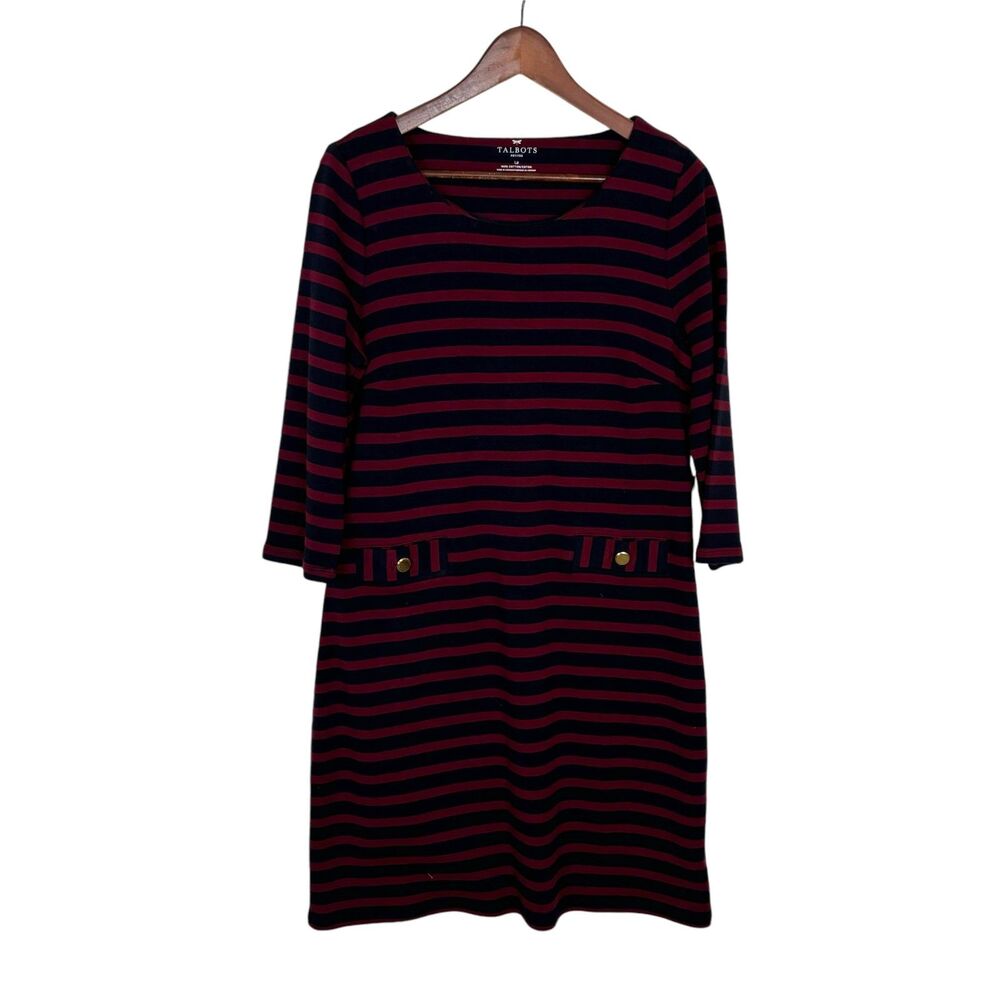 NWT Talbots Burgundy Red Navy Sailor Striped 3/4 Sleeve Dress Women Petite Large
